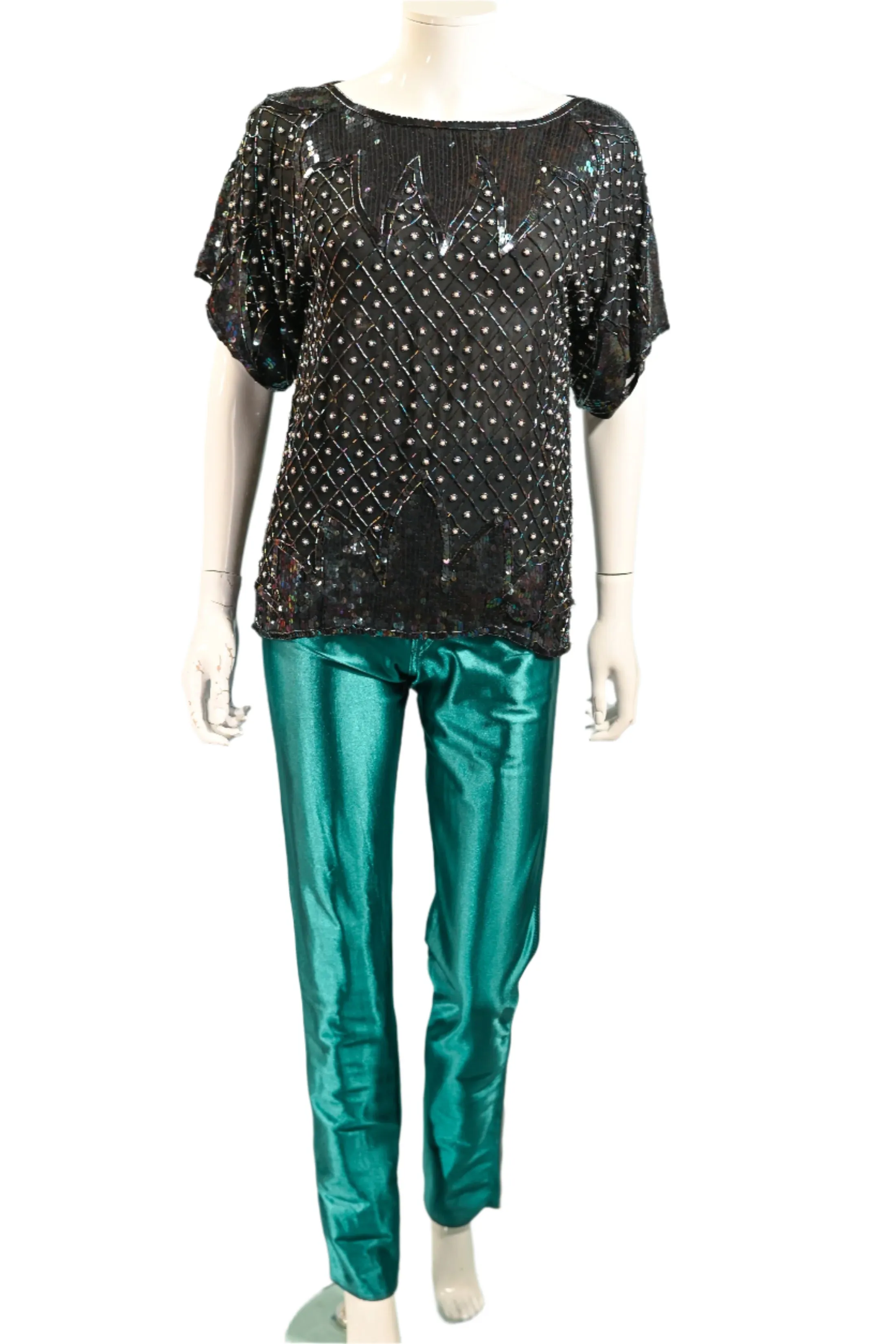 70s Black Silk Beaded/Sequin Top, Relaxed Fit Party Top S