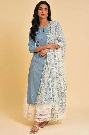 Blue Embroidered Kurta, Culottes And Printed Dupatta Set