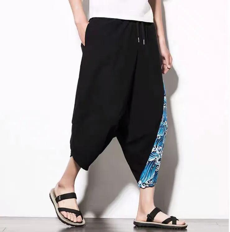Blue Wave Drawstring Cropped Pants