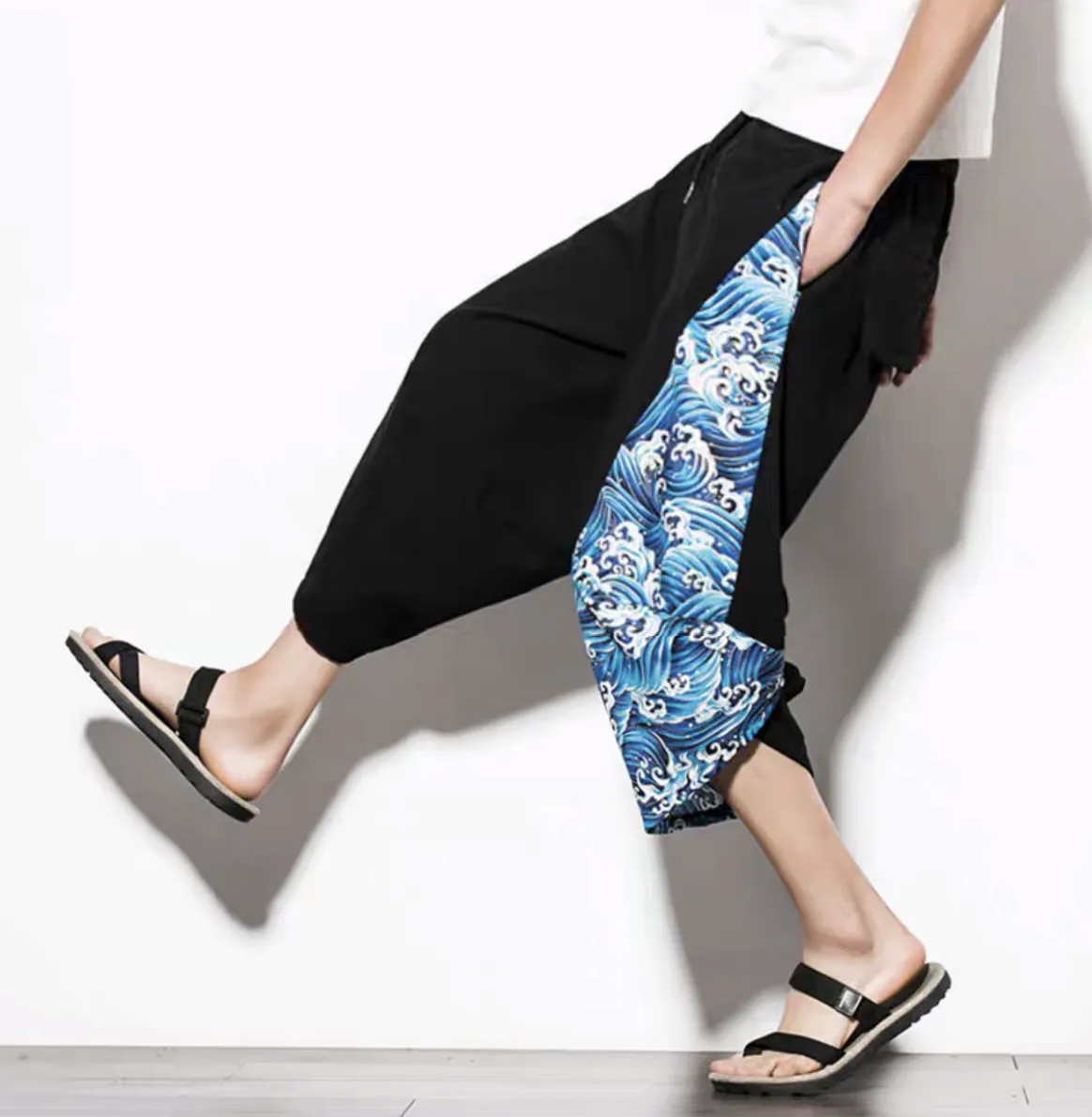 Blue Wave Drawstring Cropped Pants