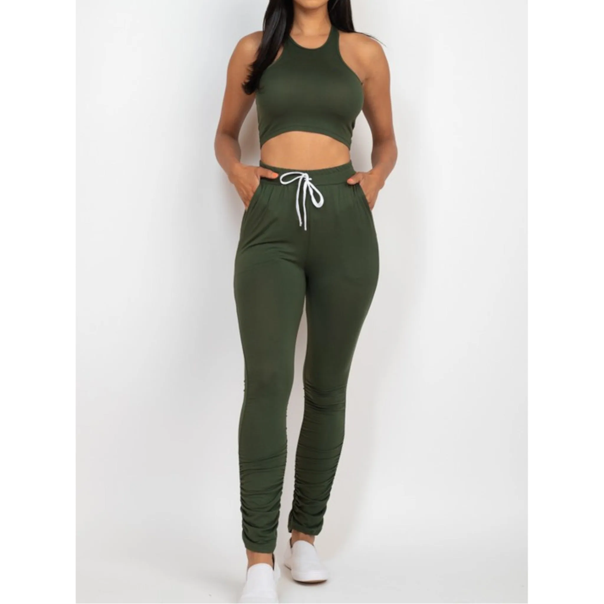 Crop Top & Ruched Drawstring Pants Set