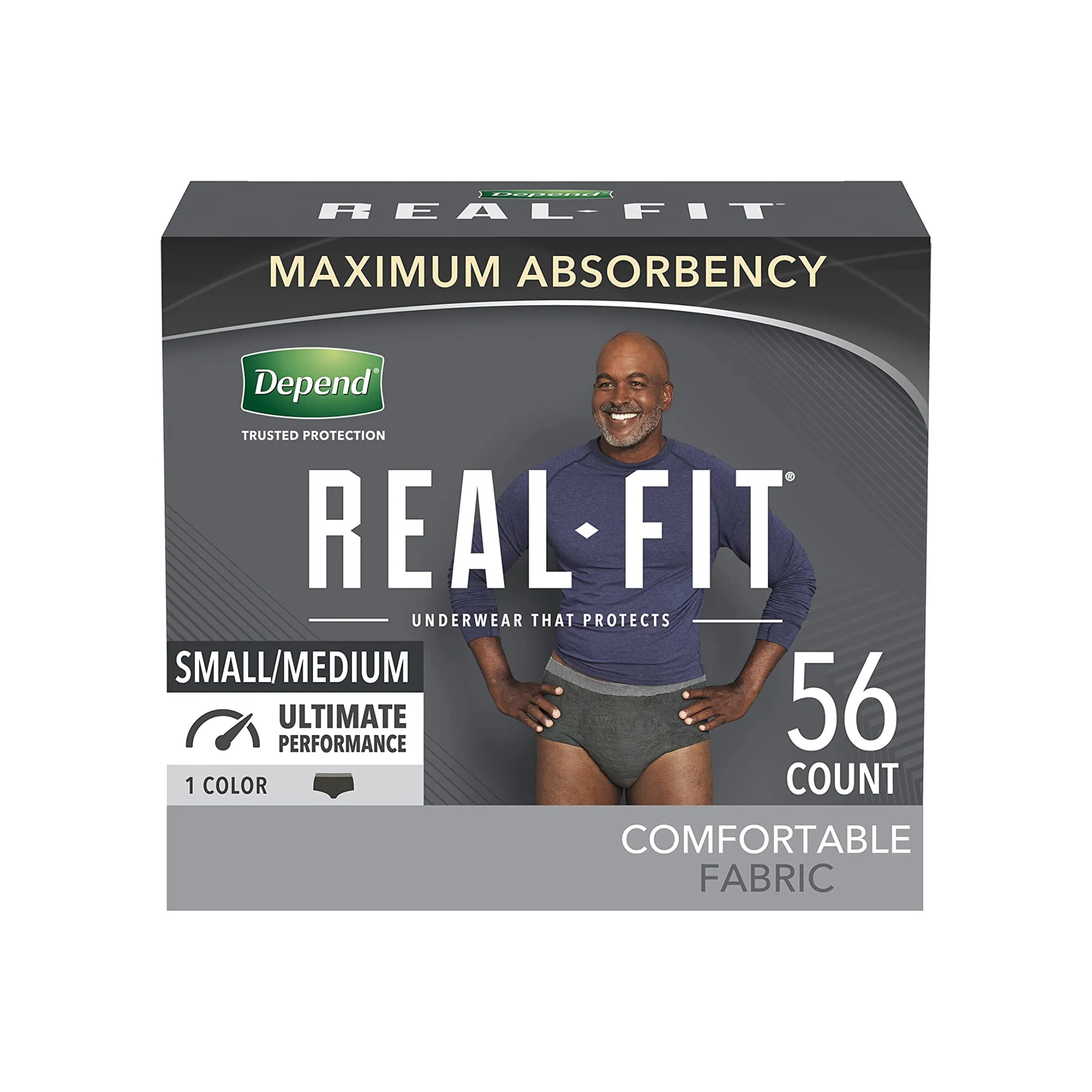Depend Real Fit Incontinence Underwear for Men, Maximum Absorbency, Small/Medium, Black, 56 Ct (Packaging May Vary)