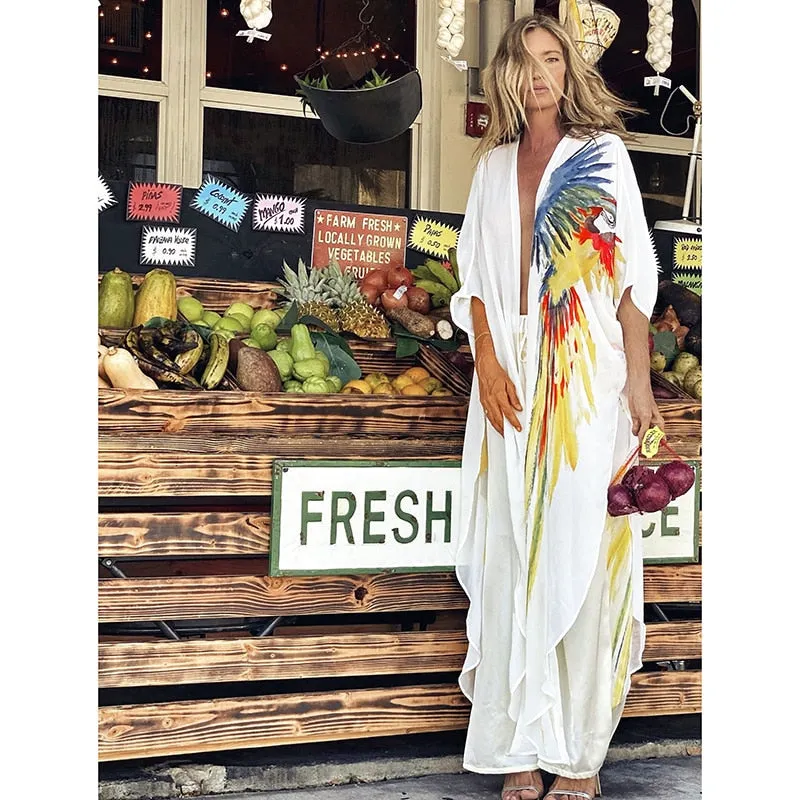 New Bohemian Dress Chiffon Bikini Cover up Kaftan White Dress Kimono Beachwear Print Tunic for Beach Swimsuit Cover up