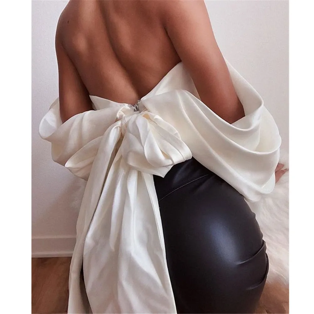 Satin Deep V Off Shoulder Backless Women Crop Top