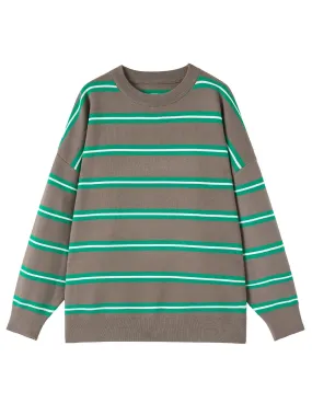 Women Fashion Pullovers Soft Round Neck 2023 Fall Winter Ladies Vintage Loose Sweaters Female Striped Casual Knitwear C-219